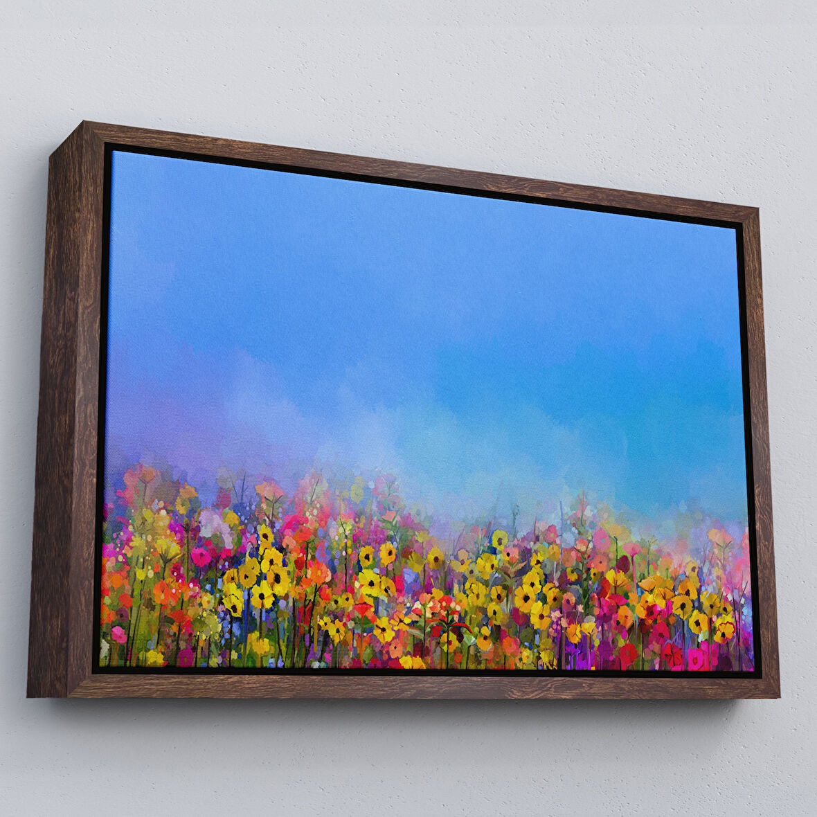 Kahverengi Çerçeveli Renkli Çiçekler Salon Dekoratif Kanvas Duvar Tablosu