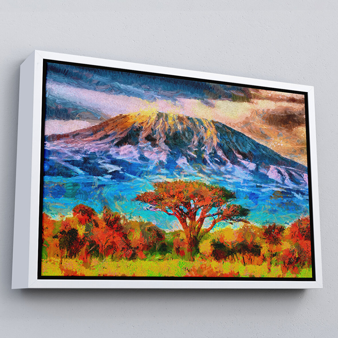 Beyaz Çerçeveli Tanzanya Kilimanjaro Dağı Manzarası Duvar Tablosu