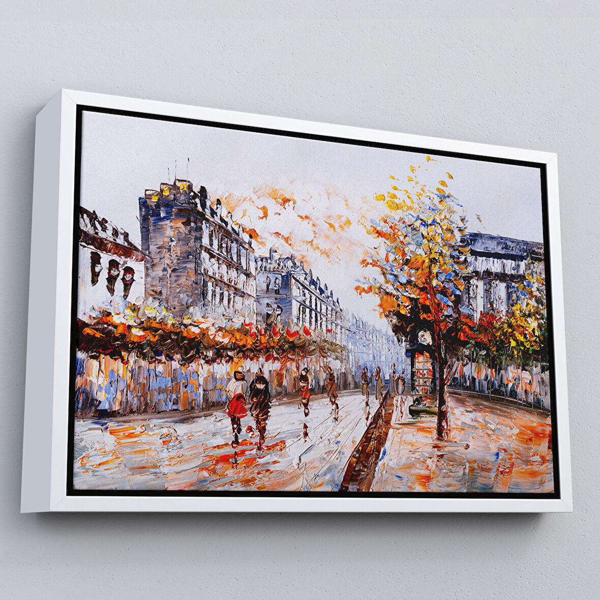 Beyaz Çerçeveli Paris Sokakları Yağlıboya Görünüm Dekoratif Kanvas Duvar Tablosu