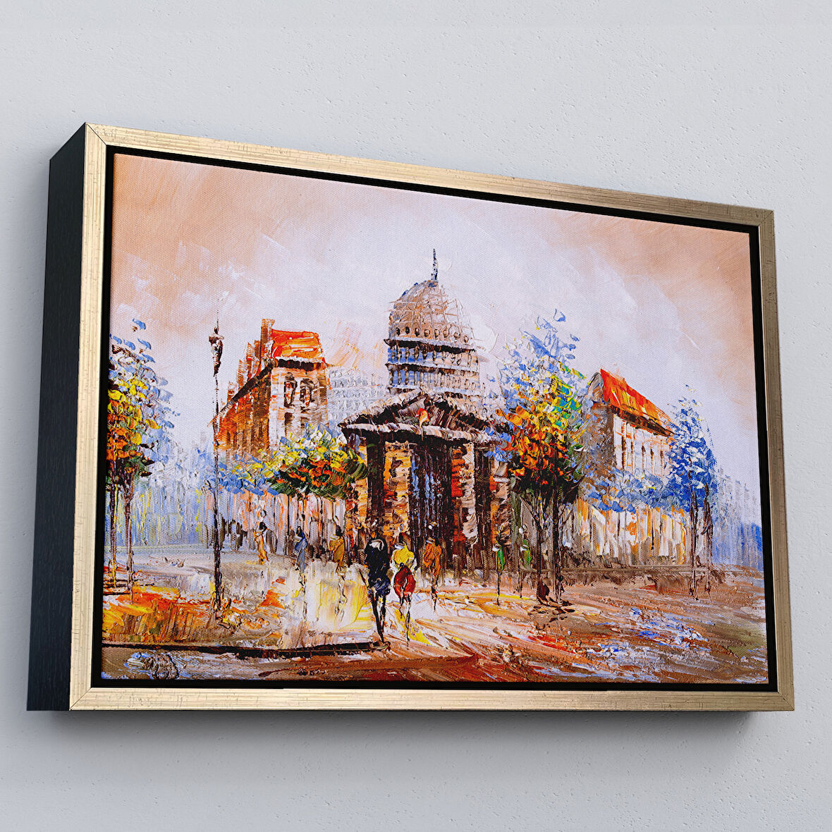 Altın Çerçeveli Paris Sokakları Yağlıboya Görünüm Dekoratif Kanvas Duvar Tablosu