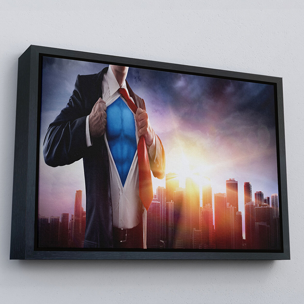 Siyah Çerçeveli İş Adamı Süper Kahraman Dekoratif Kanvas Duvar Tablosu