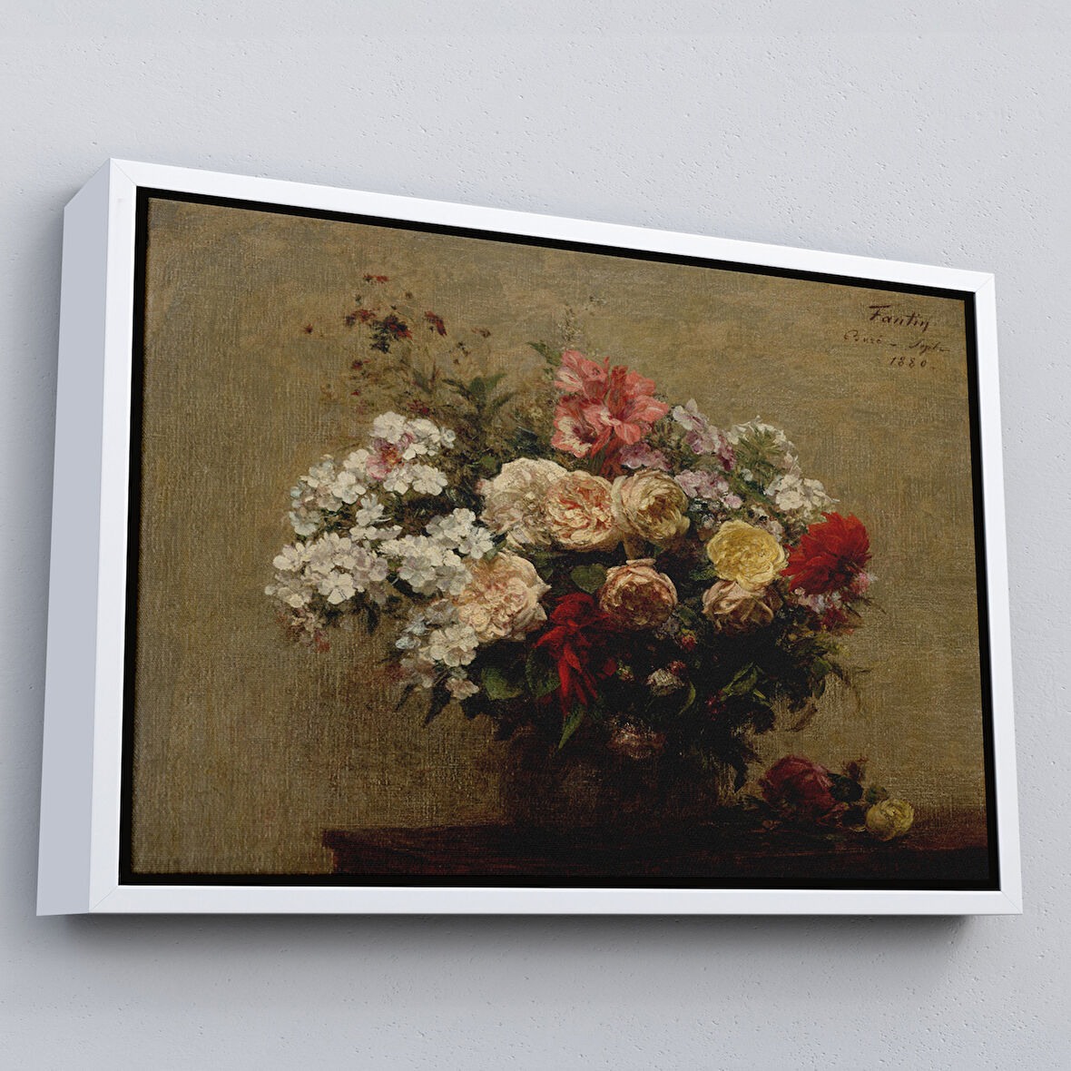 Beyaz Çerçeveli Vazodaki Renkli Çiçekler Duvar Tablosu