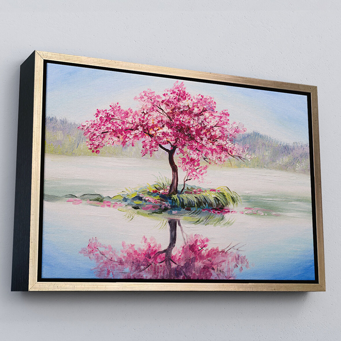 Altın Çerçeveli Gölde Sakura Ağacı Yağlıboya Görünüm Kanvas Duvar Tablosu