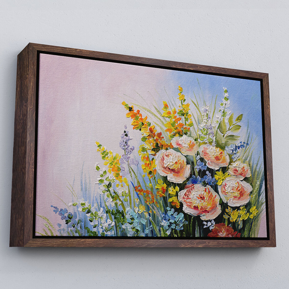 Kahverengi Çerçeveli Soyut Yaz Çiçekleri Yağlıboya Görünüm Dekoratif Kanvas Duvar Tablosu