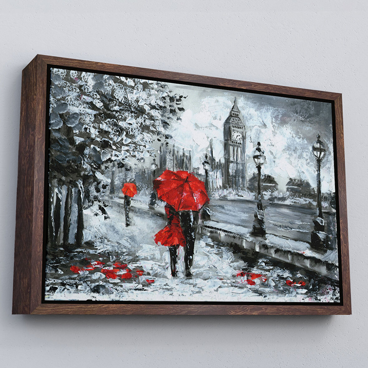 Kahverengi Çerçeveli Londra Sokakları Yağlıboya Görünüm Dekoratif Kanvas Duvar Tablosu