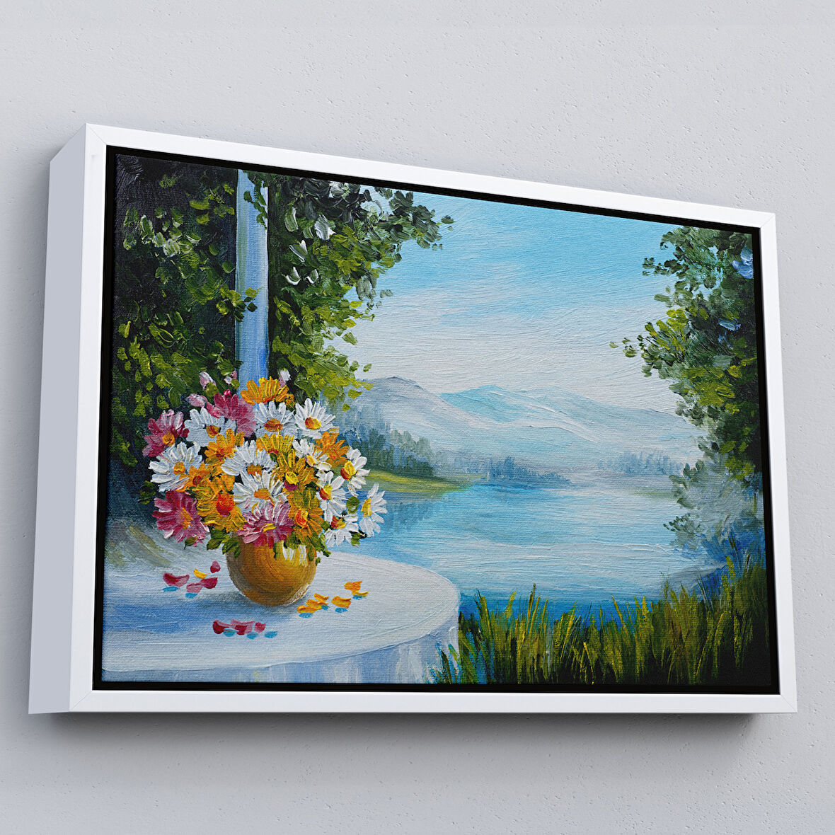 Beyaz Çerçeveli Yaz Deniz Manzarası Yağlıboya Görünüm Dekoratif Kanvas Duvar Tablosu