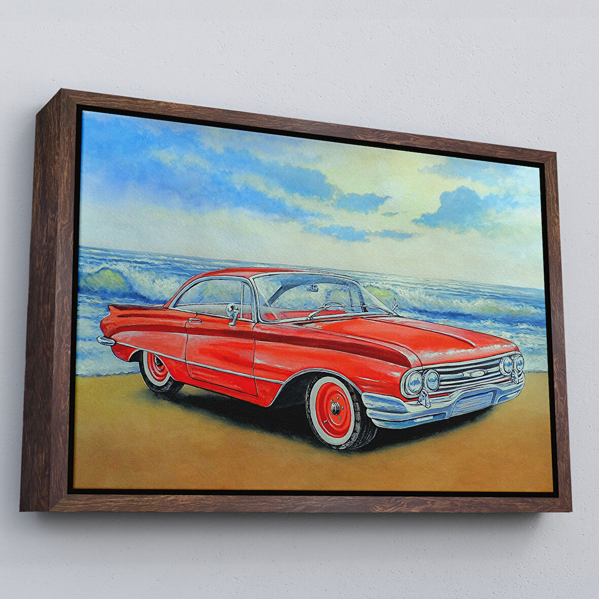 Kahverengi Çerçeveli Kızmızı Retro Araba Yağlıboya Görünüm Dekoratif Kanvas Duvar Tablosu