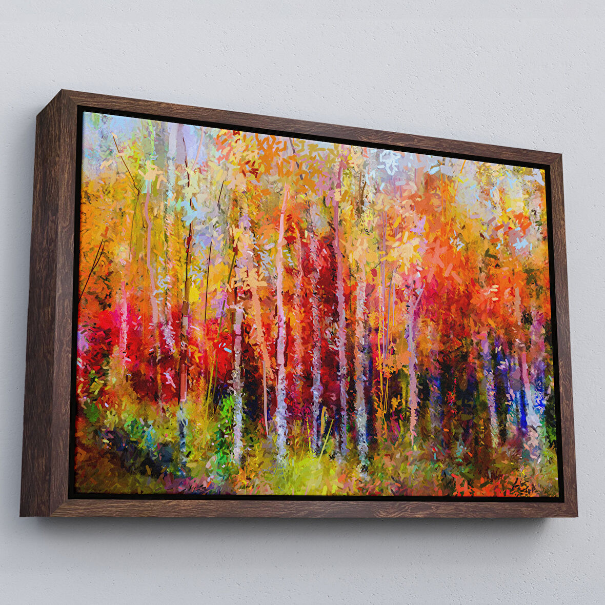 Kahverengi Çerçeveli Son Bahar Ağaçları Yağlıboya Görünüm Dekoratif Kanvas Duvar Tablosu