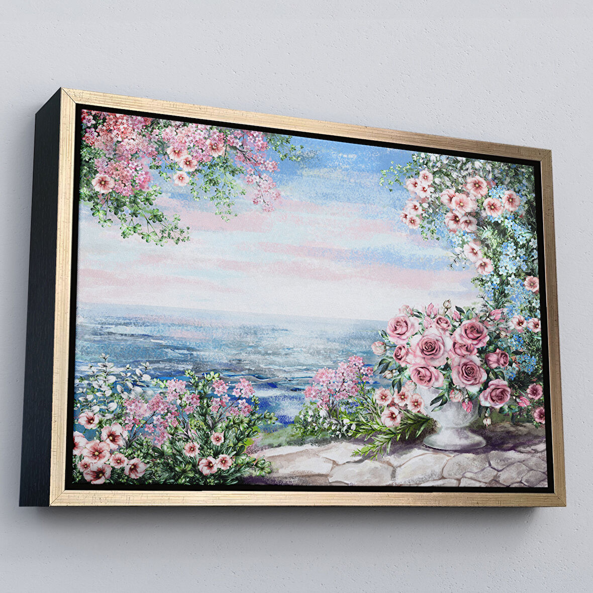 Altın Çerçeveli Okyanus Manzaralı Yağlıboya Görünüm Dekoratif Kanvas Duvar Tablosu