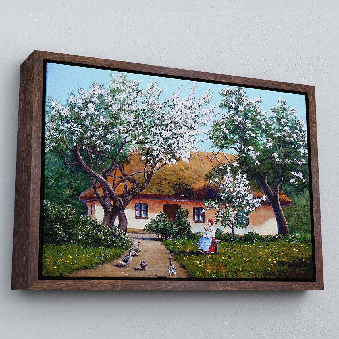 Kahverengi Çerçeveli İlkbahar Köy Evi Yağlıboya Görünüm Dekoratif Kanvas Duvar Tablosu