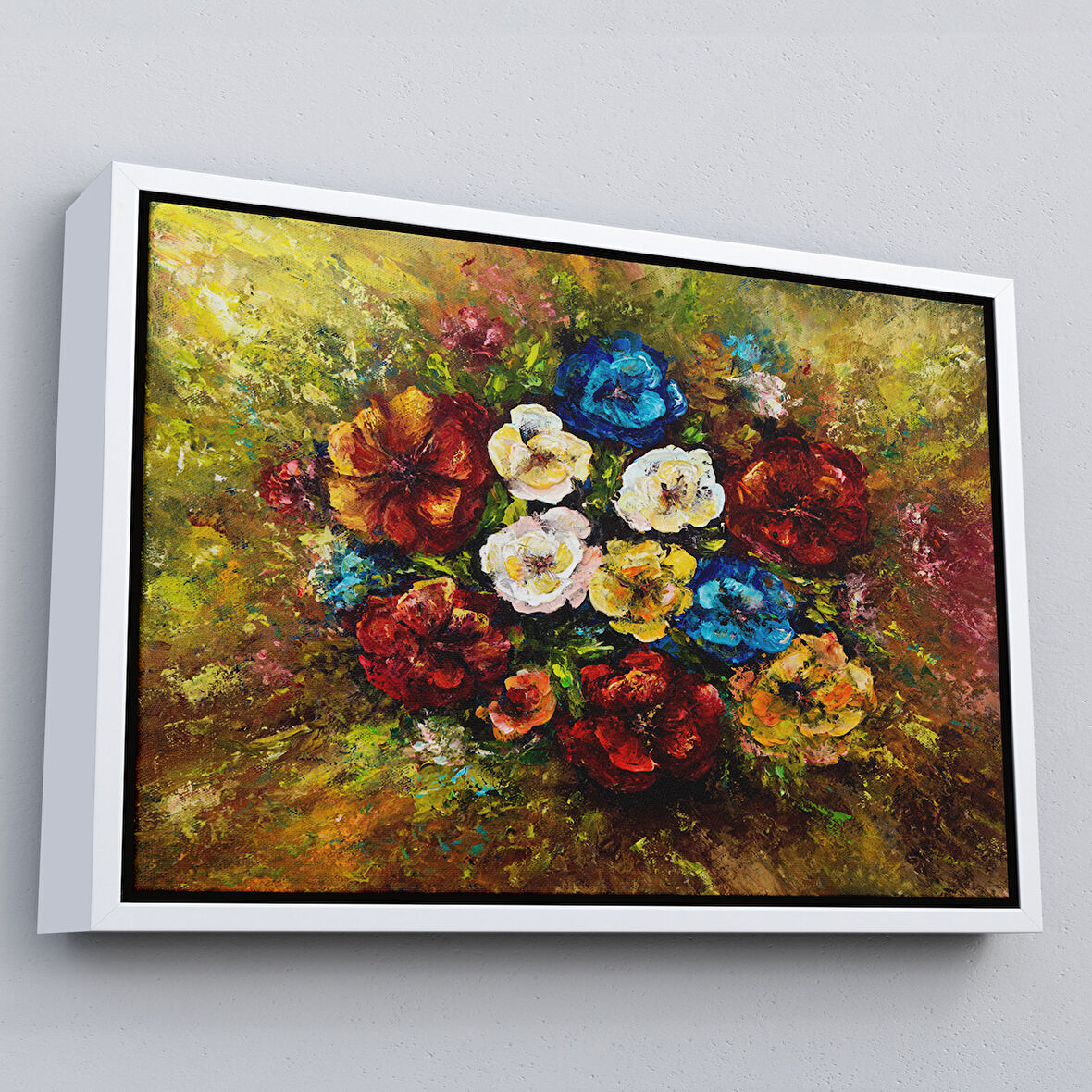 Beyaz Çerçeveli Çiçek Buketi Yağlıboya Görünüm Dekoratif Kanvas Duvar Tablosu