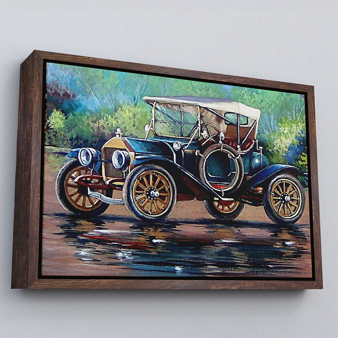 Altın Çerçeveli Eski Siyah Araba Yağlıboya Görünüm Dekoratif Kanvas Duvar Tablo