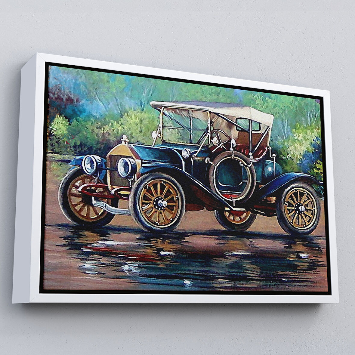 Beyaz Çerçeveli Eski Siyah Araba Yağlıboya Görünüm Dekoratif Kanvas Duvar Tablo