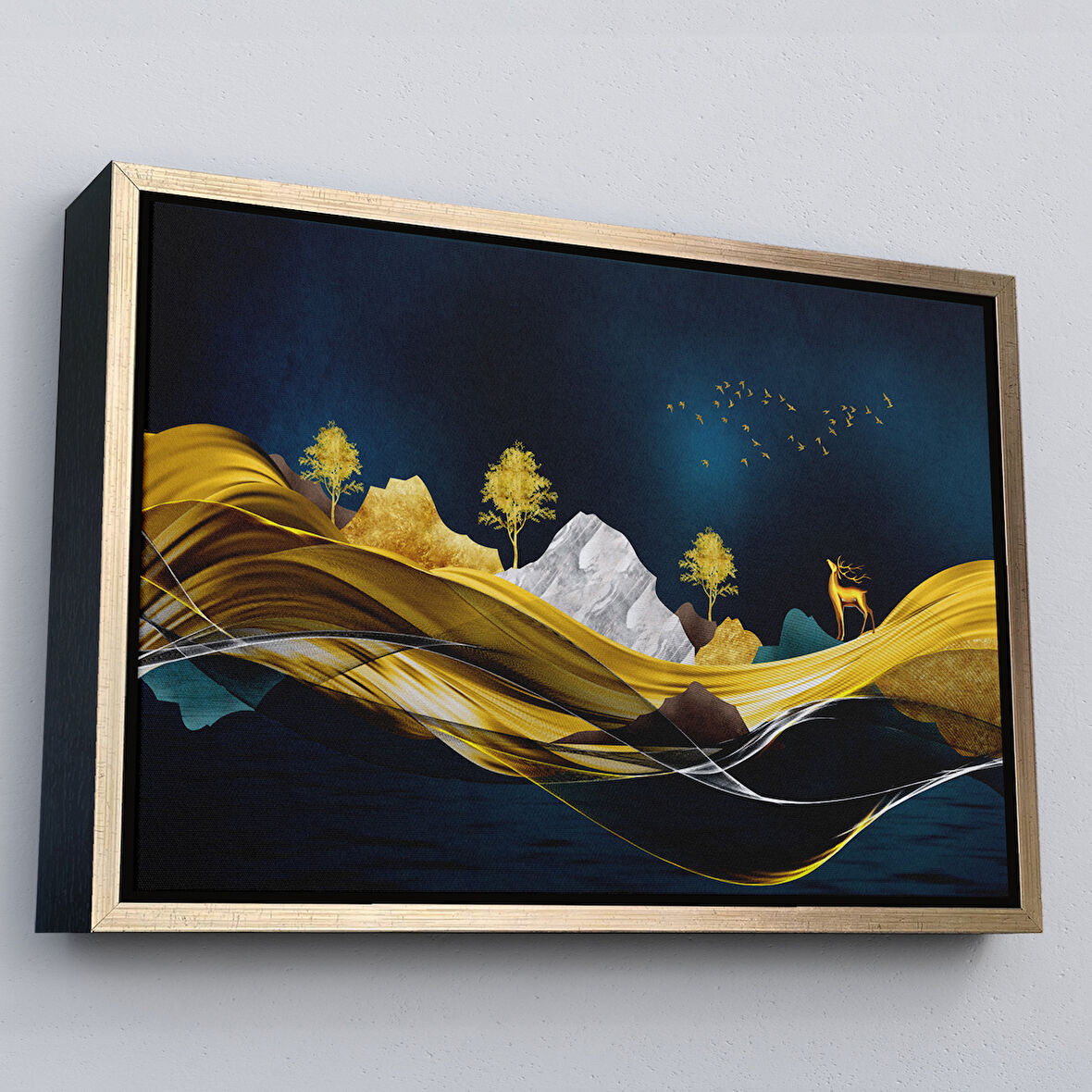 Altın Çerçeveli Altın Renkli Dağların Dekoratif Duvar Tablosu