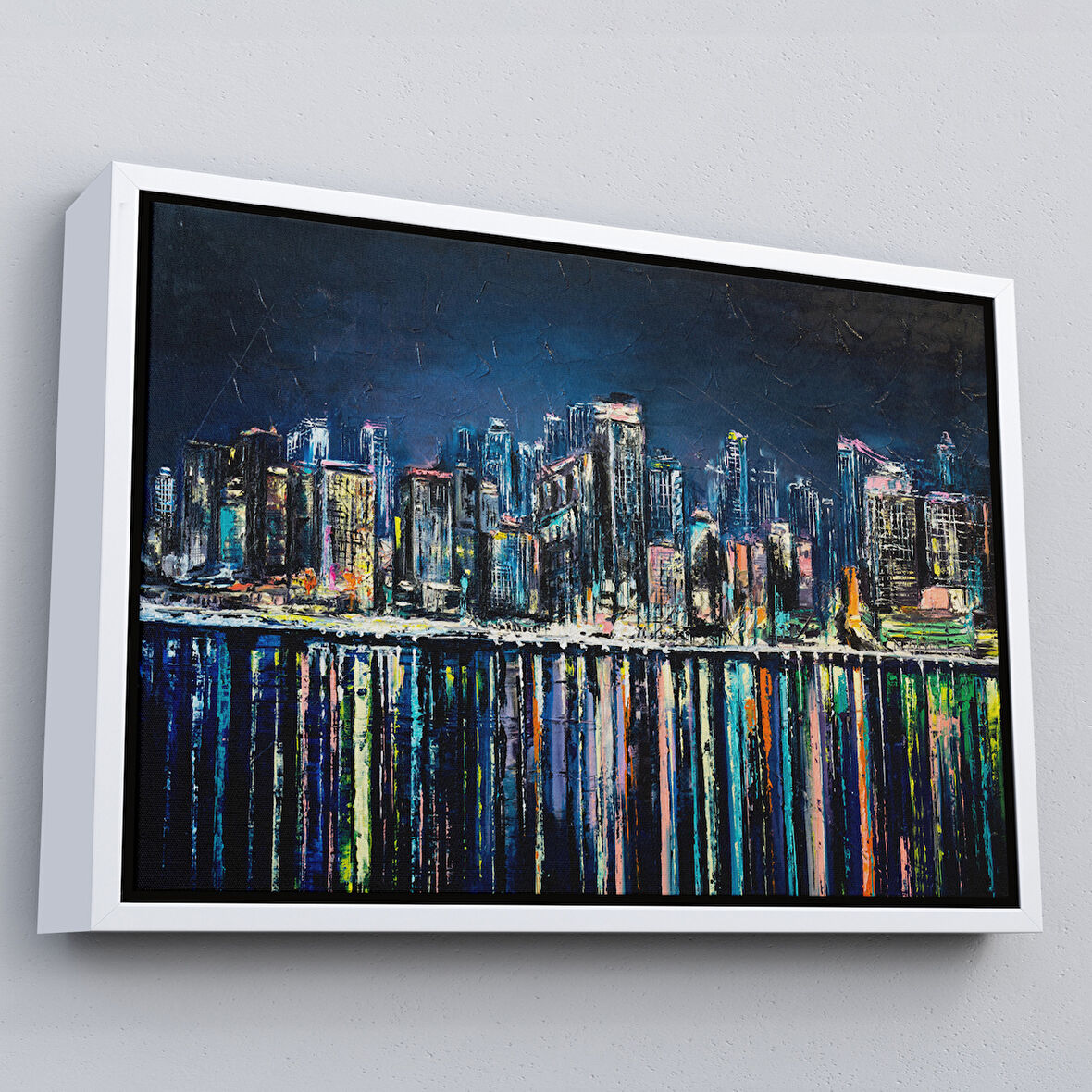 Beyaz Çerçeveli Kıyı Şehrin de Gece Yağlıboya Görünüm Dekoratif Kanvas Duvar Tablosu