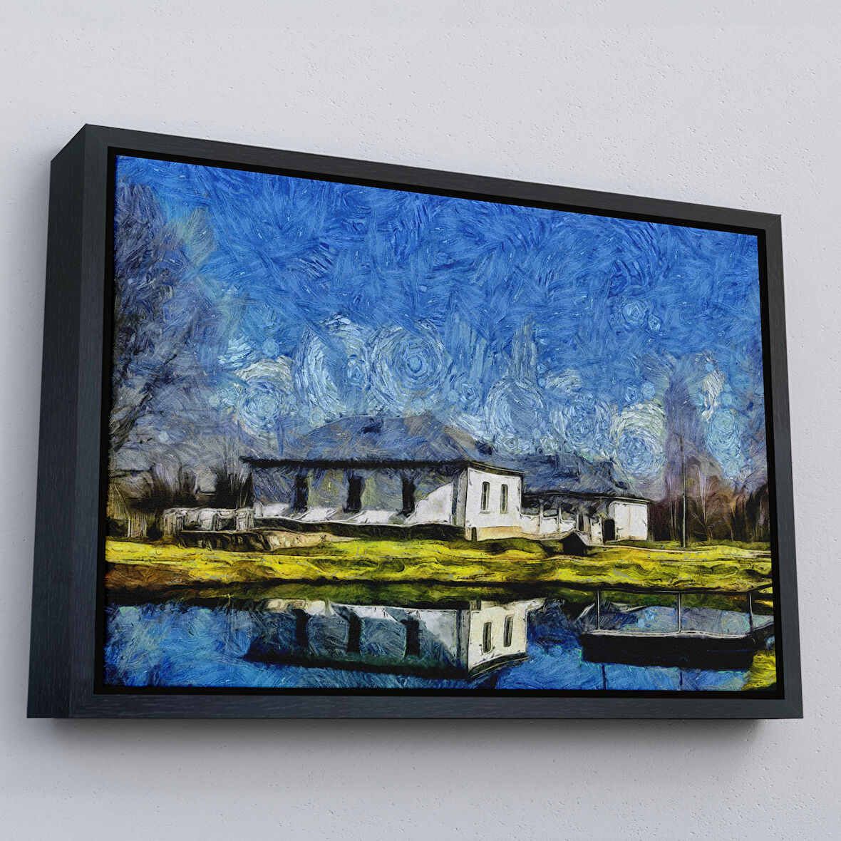 Siyah Çerçeveli Göl Kenarındaki Köy Evi Dekoratif Duvar Tablosu