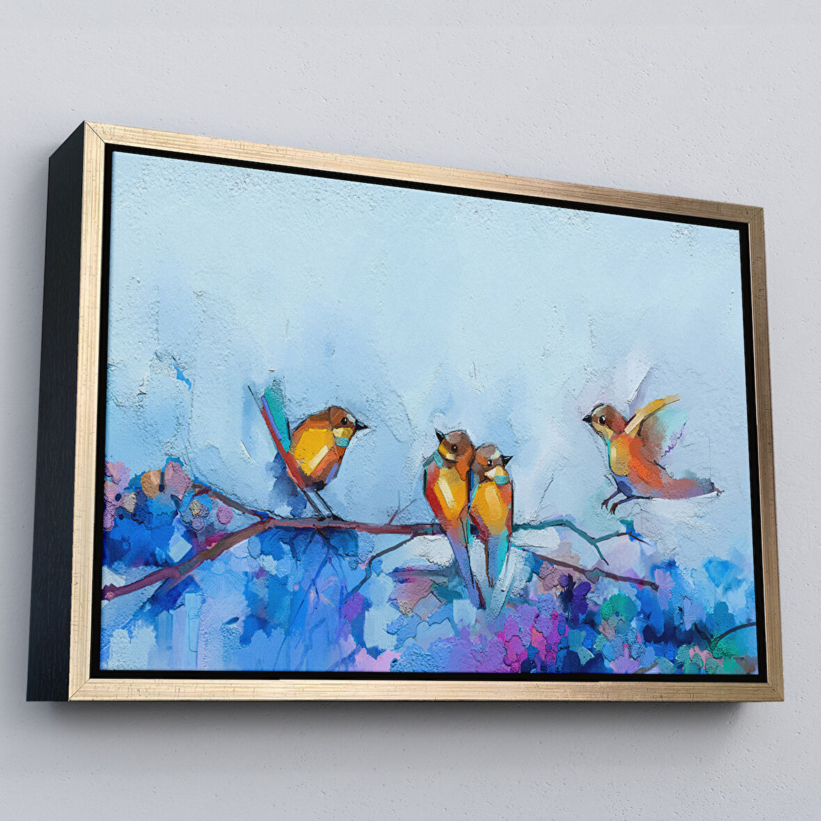 Altın Çerçeveli Bahar ve Kuşlar Manzaralı Dekoratif Duvar Tablosu