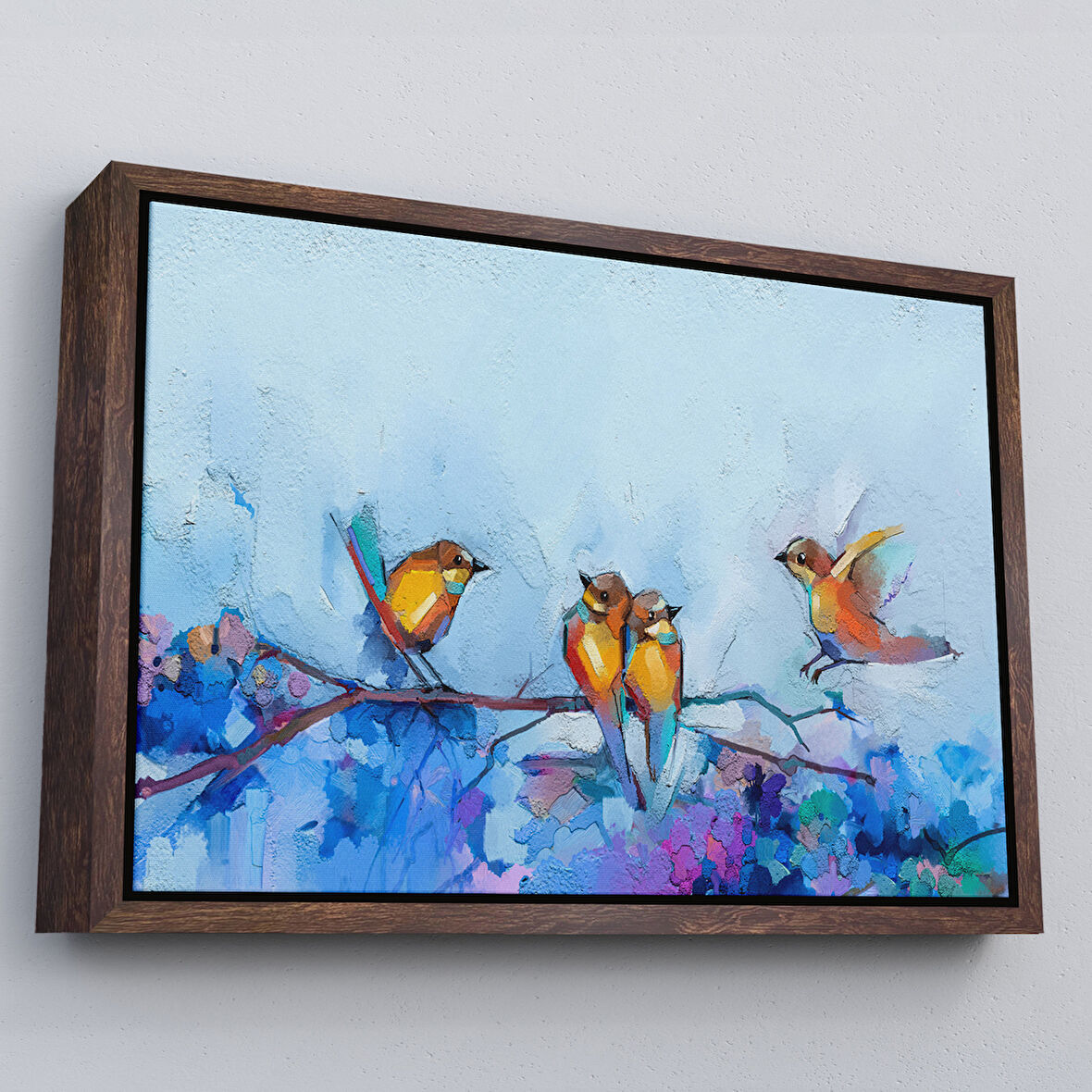 Kahverengi Çerçeveli Bahar ve Kuşlar Manzaralı Dekoratif Duvar Tablosu
