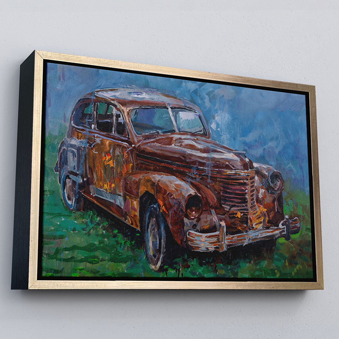 Altın Çerçeveli Paslı Eski Araba Dekoratif Duvar Tablosu