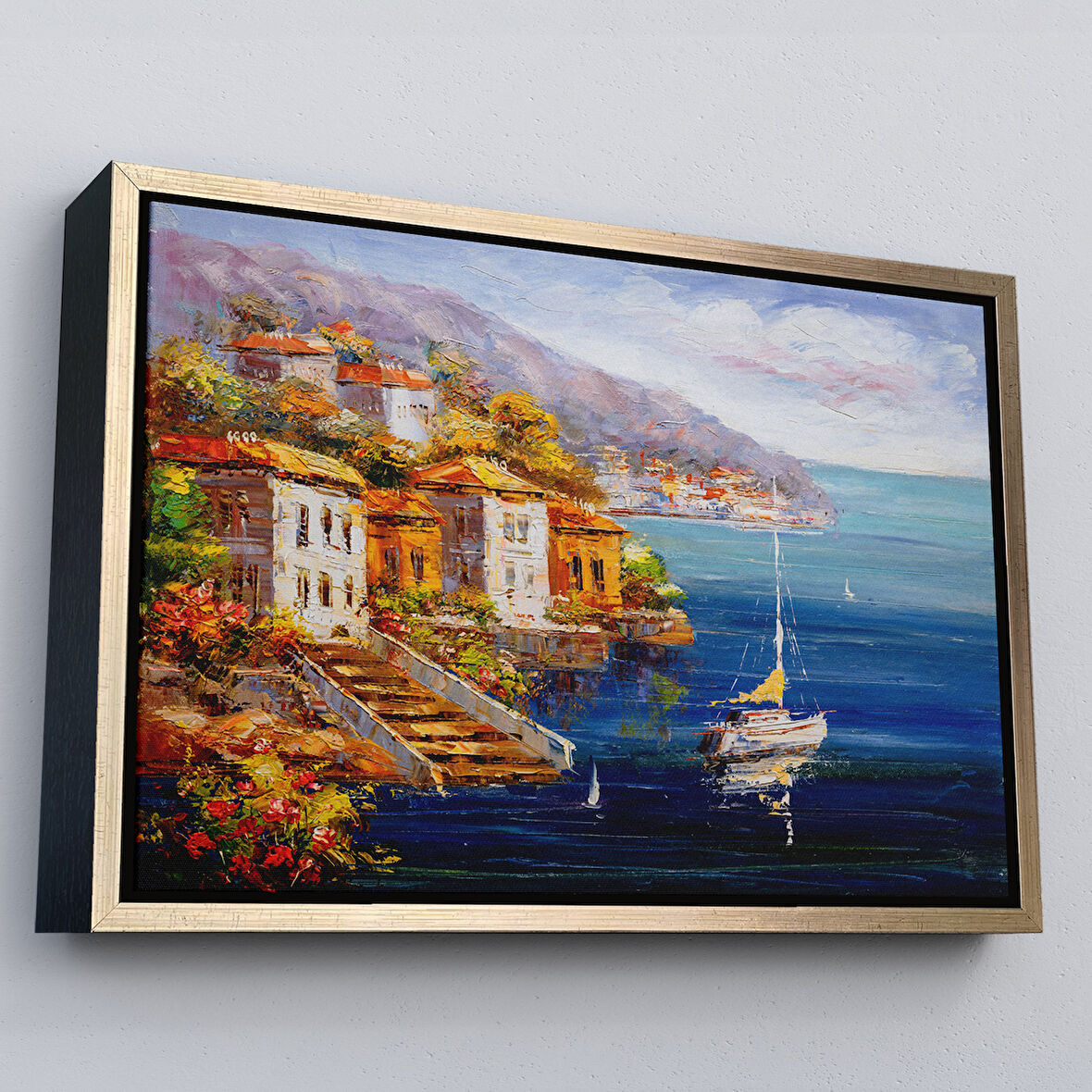 Altın Çerçeveli Yunanistan Harbor View Manzaralı Yağlıboya Görünüm Dekoratif Kanvas Duvar Tablosu