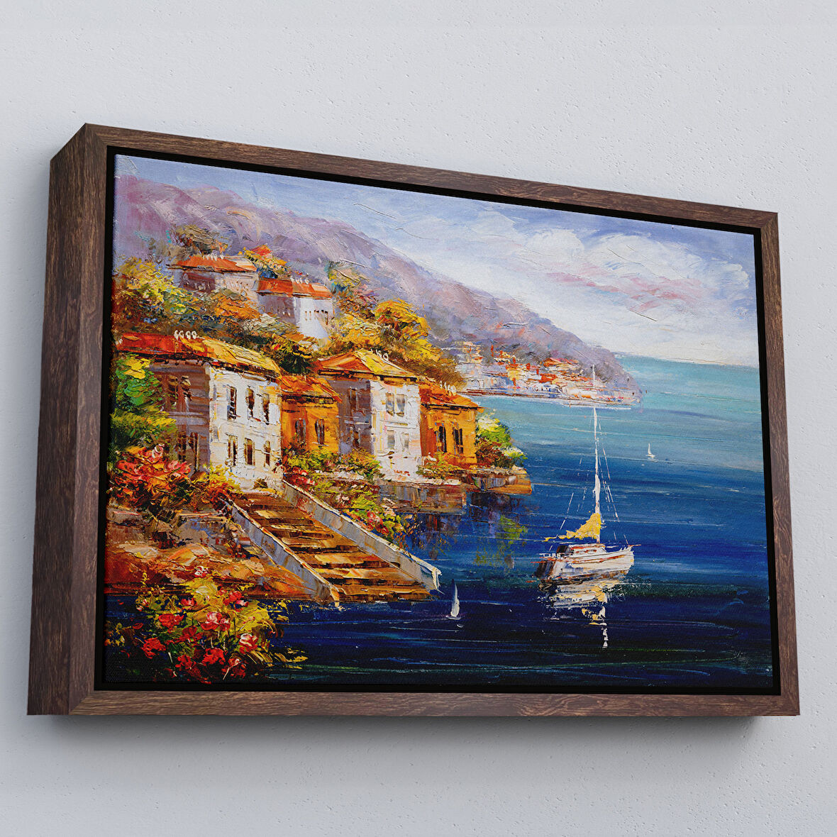 Kahverengi Çerçeveli Yunanistan Harbor View Manzaralı Yağlıboya Görünüm Dekoratif Kanvas Duvar Tablosu