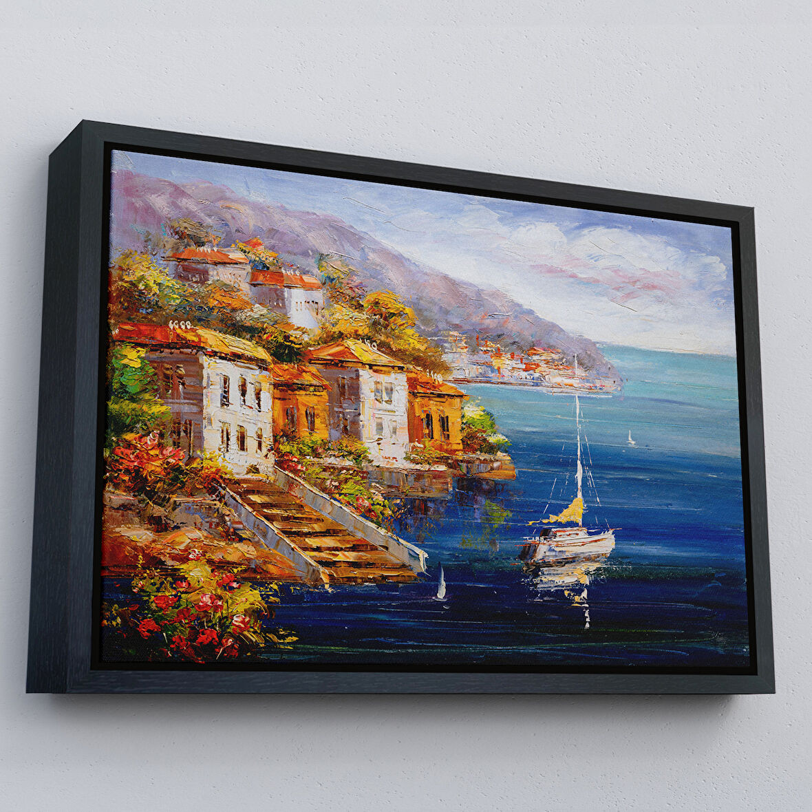 Siyah Çerçeveli Yunanistan Harbor View Manzaralı Yağlıboya Görünüm Dekoratif Kanvas Duvar Tablosu