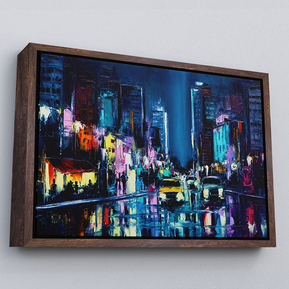 Kahverengi Çerçeveli New York Gece Manzarası Yağlıboya Dekoratif Duvar Tablosu