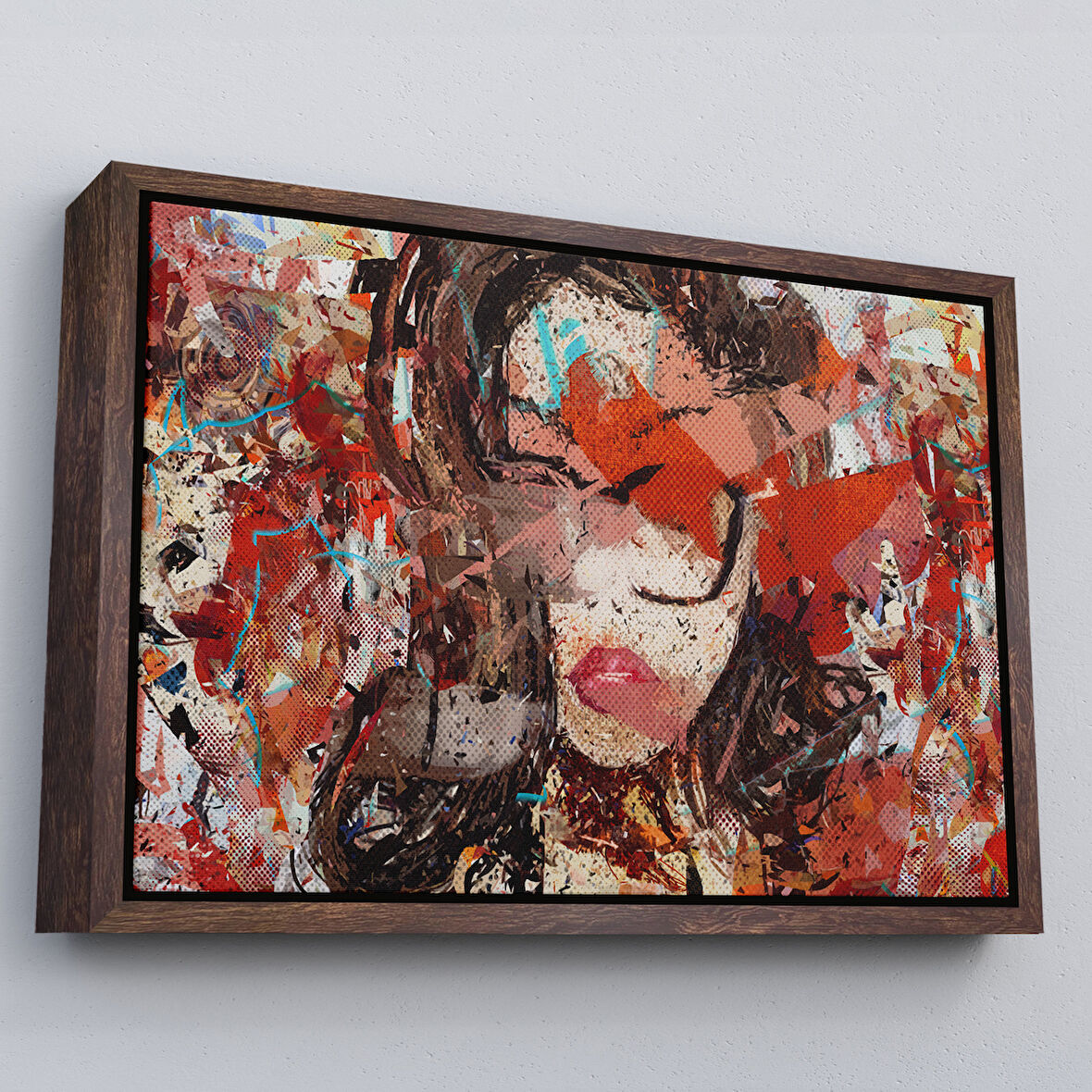 Kahverengi Çerçeveli Çağdaş Sanat Kadın portresi Yağlıboya Görünüm Dekoratif Kanvas Duvar Tablosu