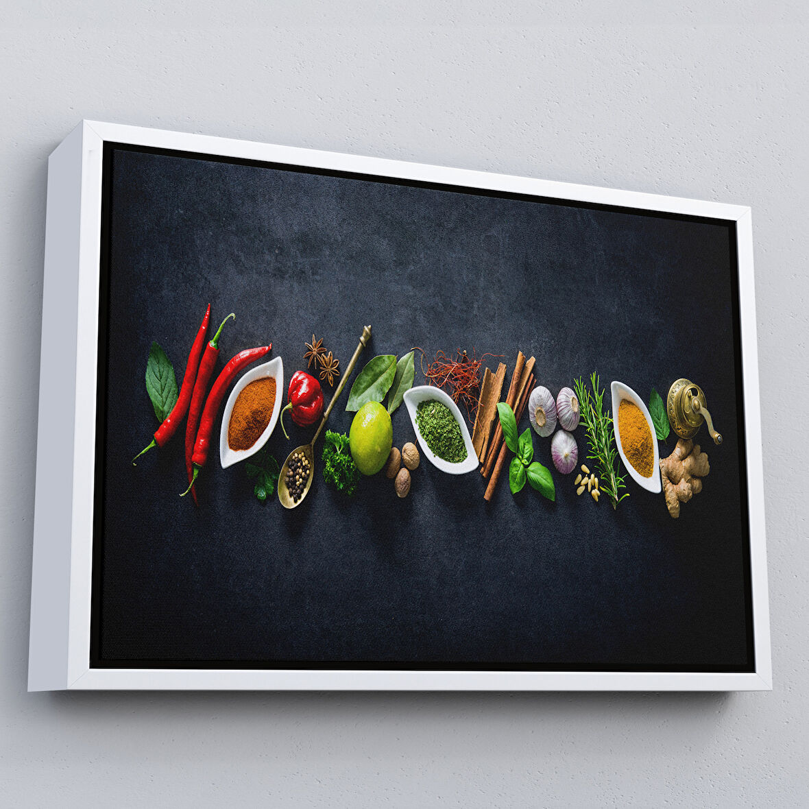Beyaz Çerçeveli Mutfak Masasın da Baharatlar Dekoratif Kanvas Duvar Tablosu