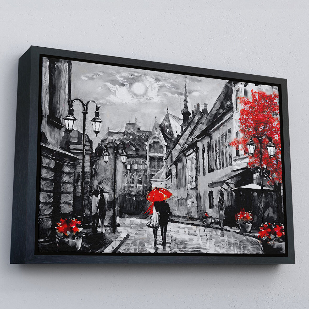 Siyah Çerçeveli Macaristan Budapeşte Sokak Manzarası Yağlıboya Görünüm Dekoratif Duvar Tablosu