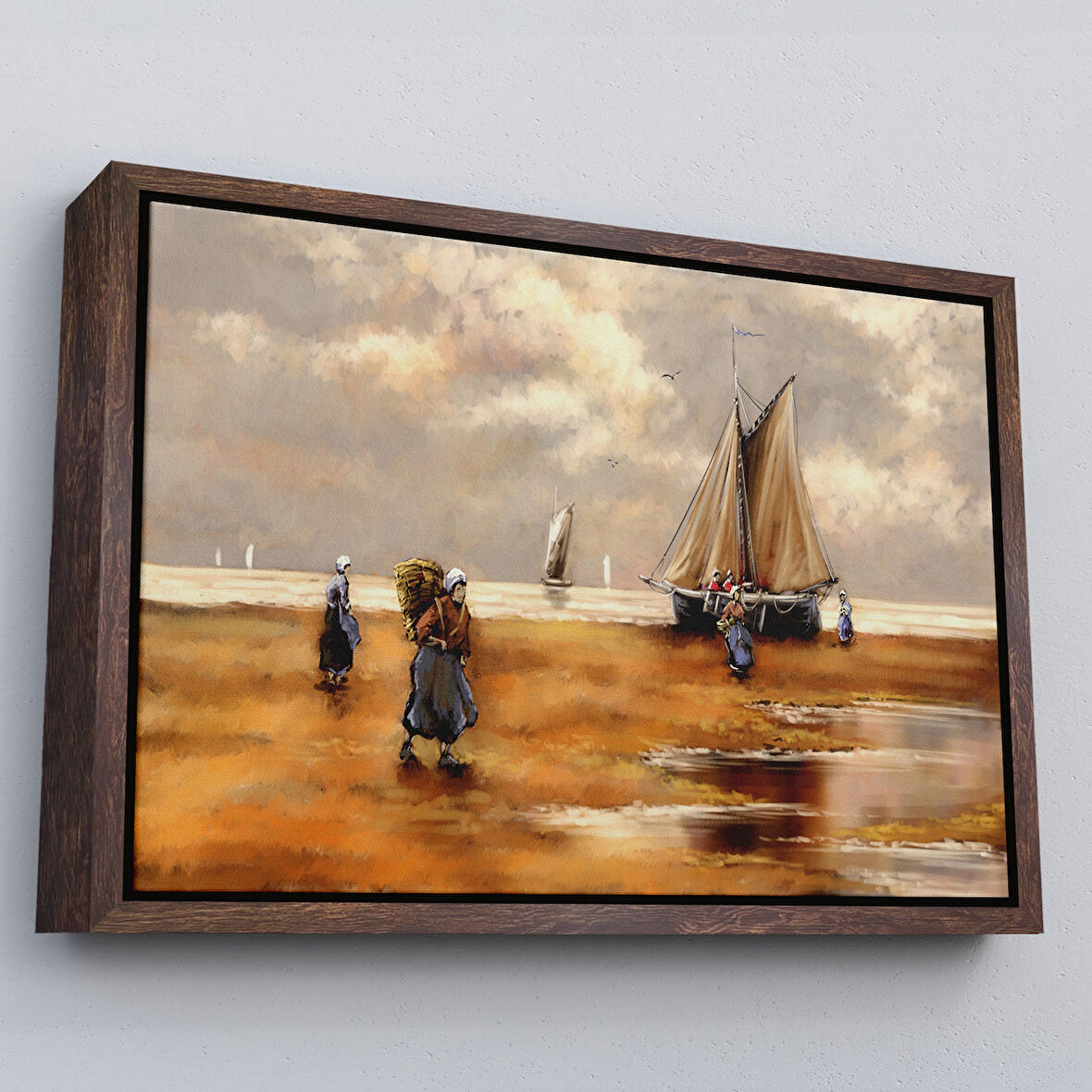 Kahverengi Çerçeveli Balıkçılar ve Sahildeki Yelkenli Duvar Tablosu