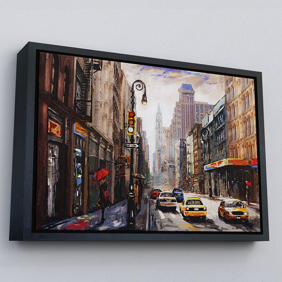 Siyah Çerçeveli New York Sokakları Ve Sarı Taksi Yağlıboya Görünüm Tablo