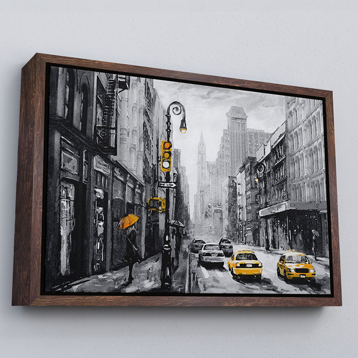 Kahverengi Çerçeveli New York Sokakları Ve Sarı Taksi Yağlıboya Görünüm Kanvas Tablo