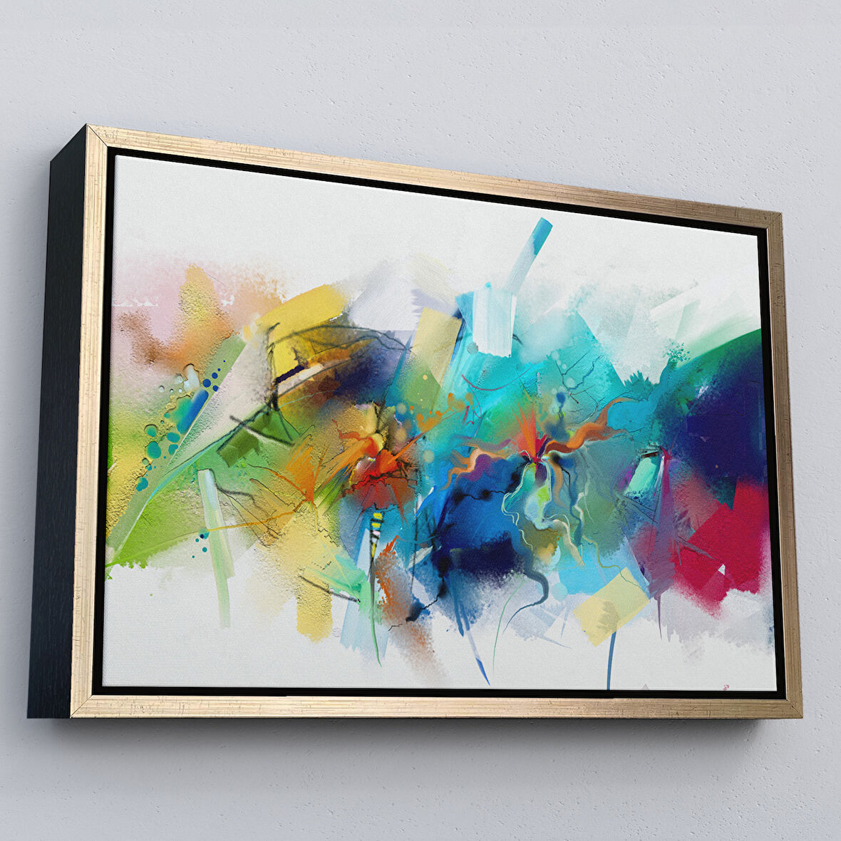 Altın Çerçeveli Soyut Fırça Darbeleri İle Yağlıboya Görünüm Dekoratif Kanvas Duvar Tablosu