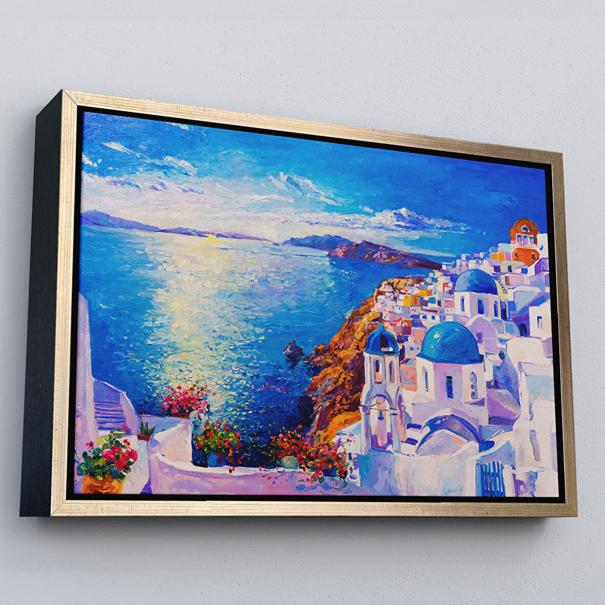 Altın Çerçeveli Mikanos Yunanistan Yağlıboya Görünüm Dekoratif Tablo