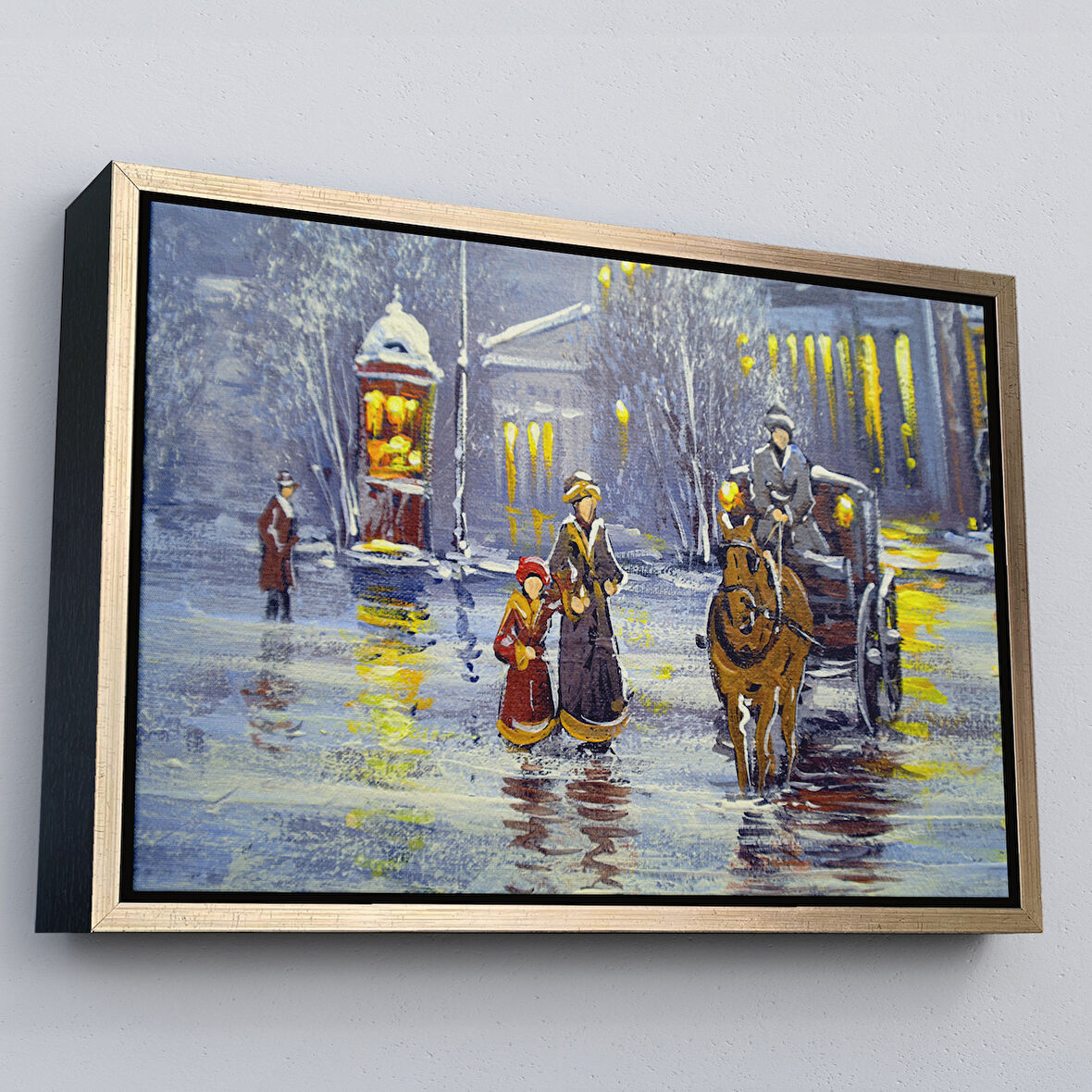 Altın Çerçeveli Eski Şehir ve At Arabası Yağlıboya Görünüm Dekoratif Kanvas Duvar Tablosu