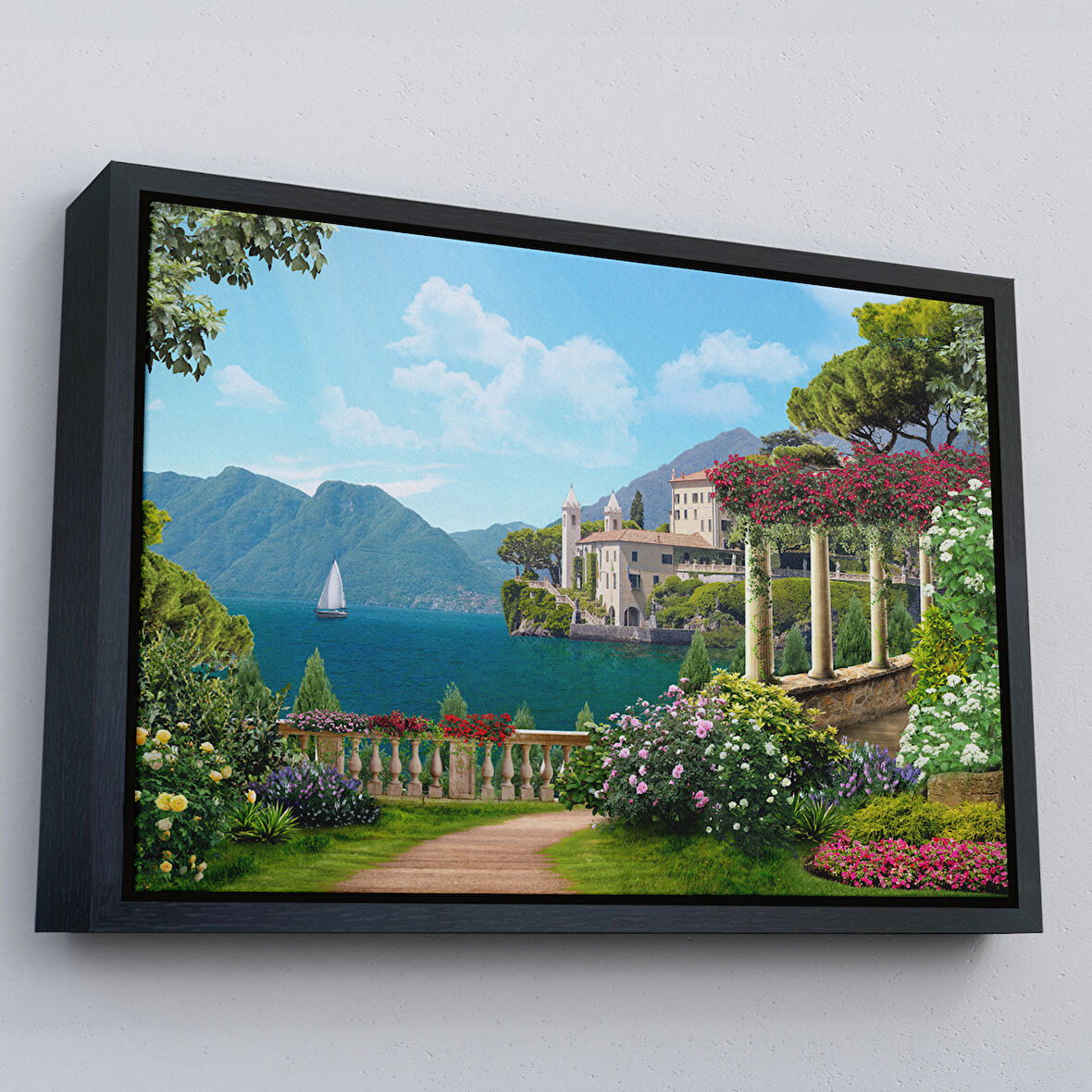 Siyah Çerçeveli İtalya Deniz Manzaralı Yağlıboya Görünüm Dekoratif Kanvas Duvar Tablosu