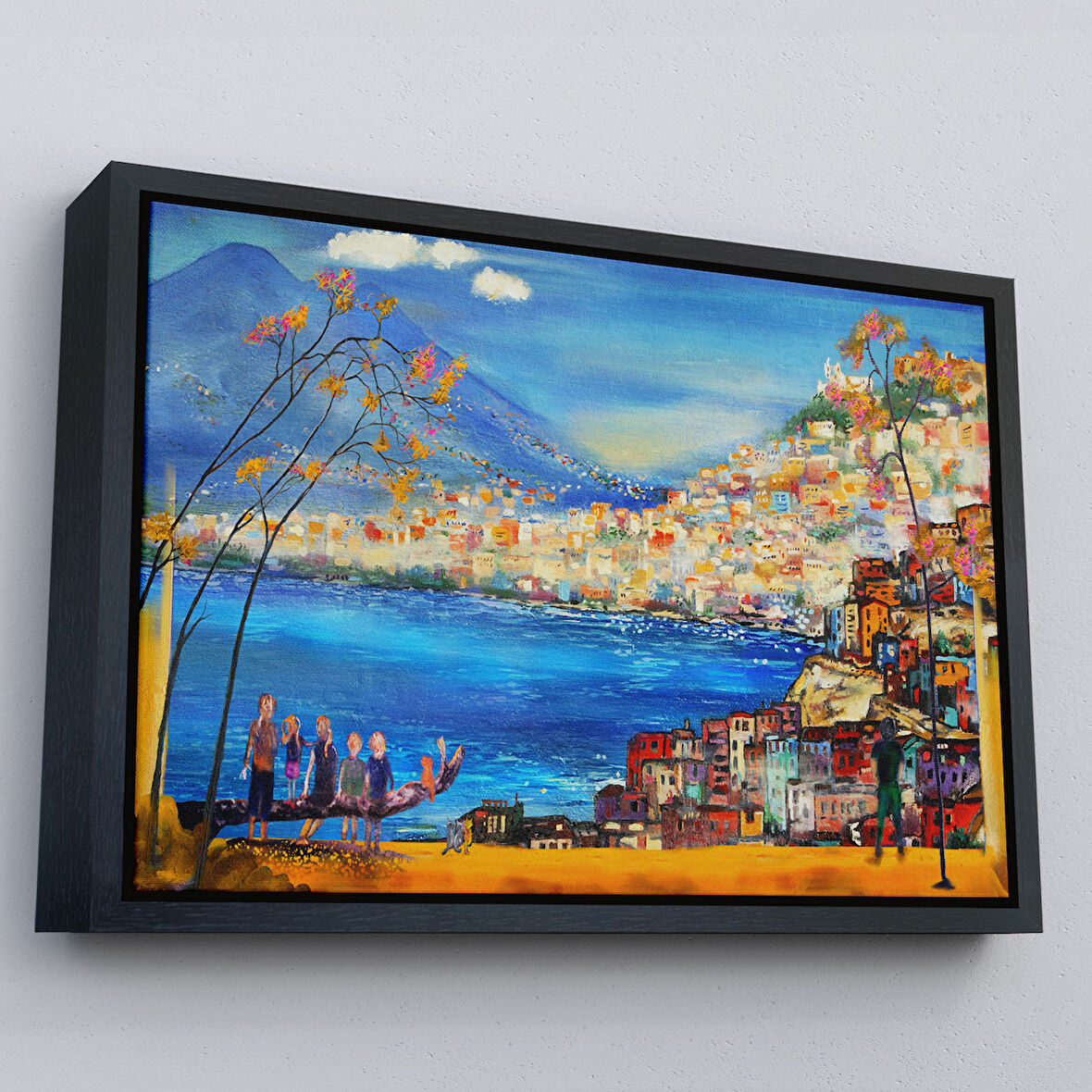 Siyah Çerçeveli Güney İtalya Yağlıboya Görünüm Dekoratif Kanvas Duvar Tablosu