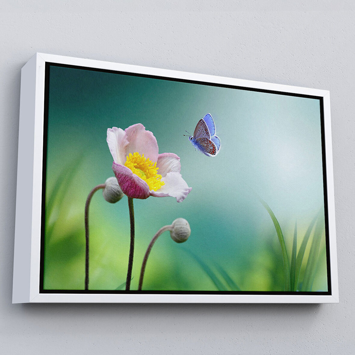 Beyaz Çerçeveli Zarif Çiçek ve Kelebek Dekoratif Kanvas Duvar Tablosu