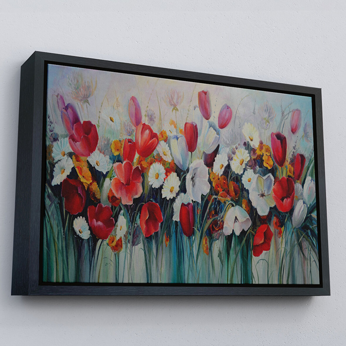 Siyah Çerçeveli Kır Çiçekleri Yağlıboya Görünüm Dekoratif Kanvas Duvar Tablosu