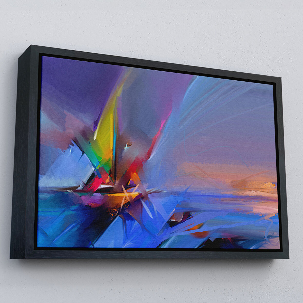 Siyah Çerçeveli Fırça Darbeli Yelkenli Soyut Yağlıboya Görünüm Kanvas Tablosu