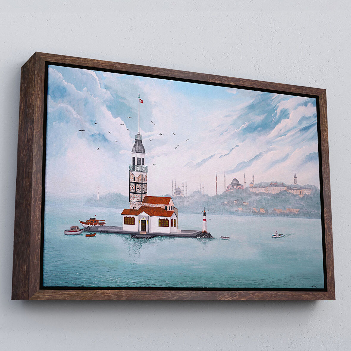 Kahverengi Çerçeveli Kız Kulesi Yağlıboya Görünüm Dekoratif Kanvas Tablo