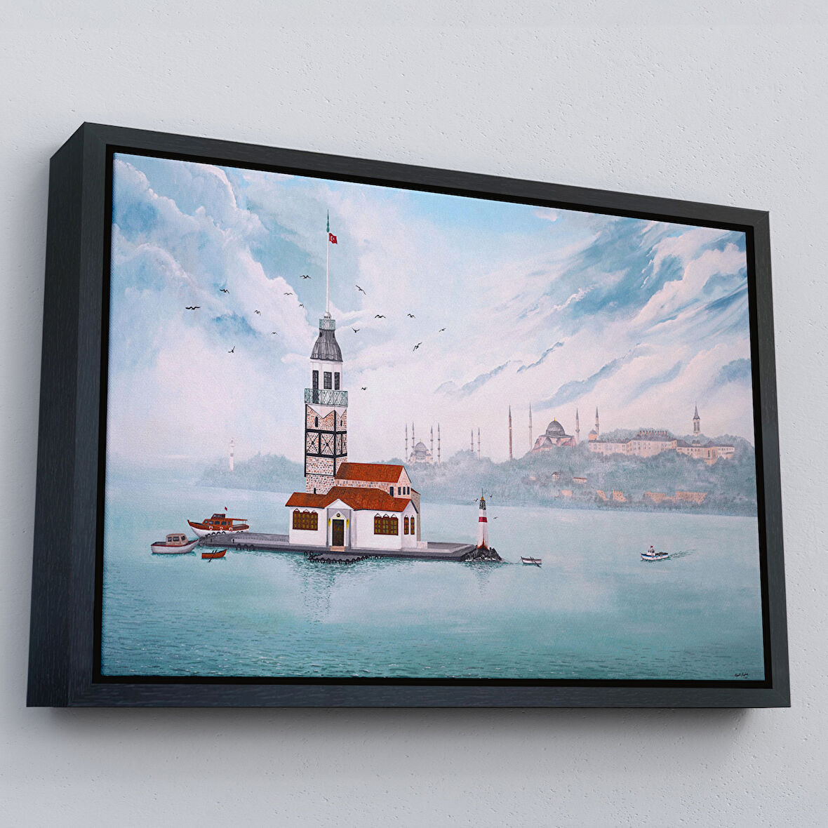 Siyah Çerçeveli Kız Kulesi Yağlıboya Görünüm Dekoratif Kanvas Tablo