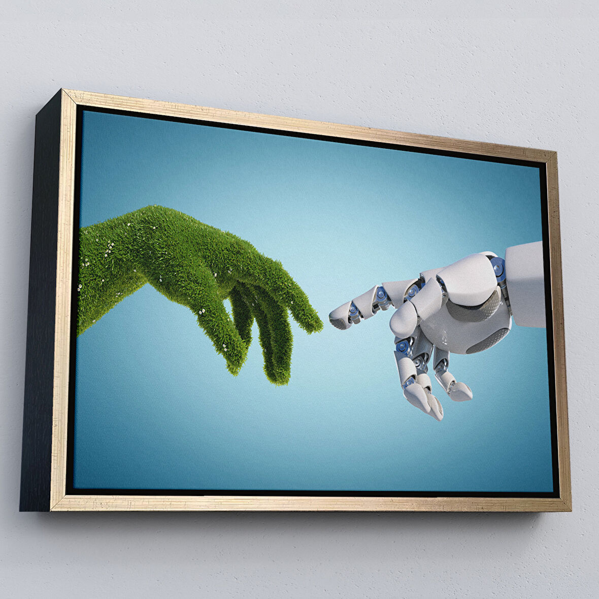 Altın Çerçeveli Doğa Ve Teknoloji Soyut Dekoratif Kanvas Duvar Tablosu