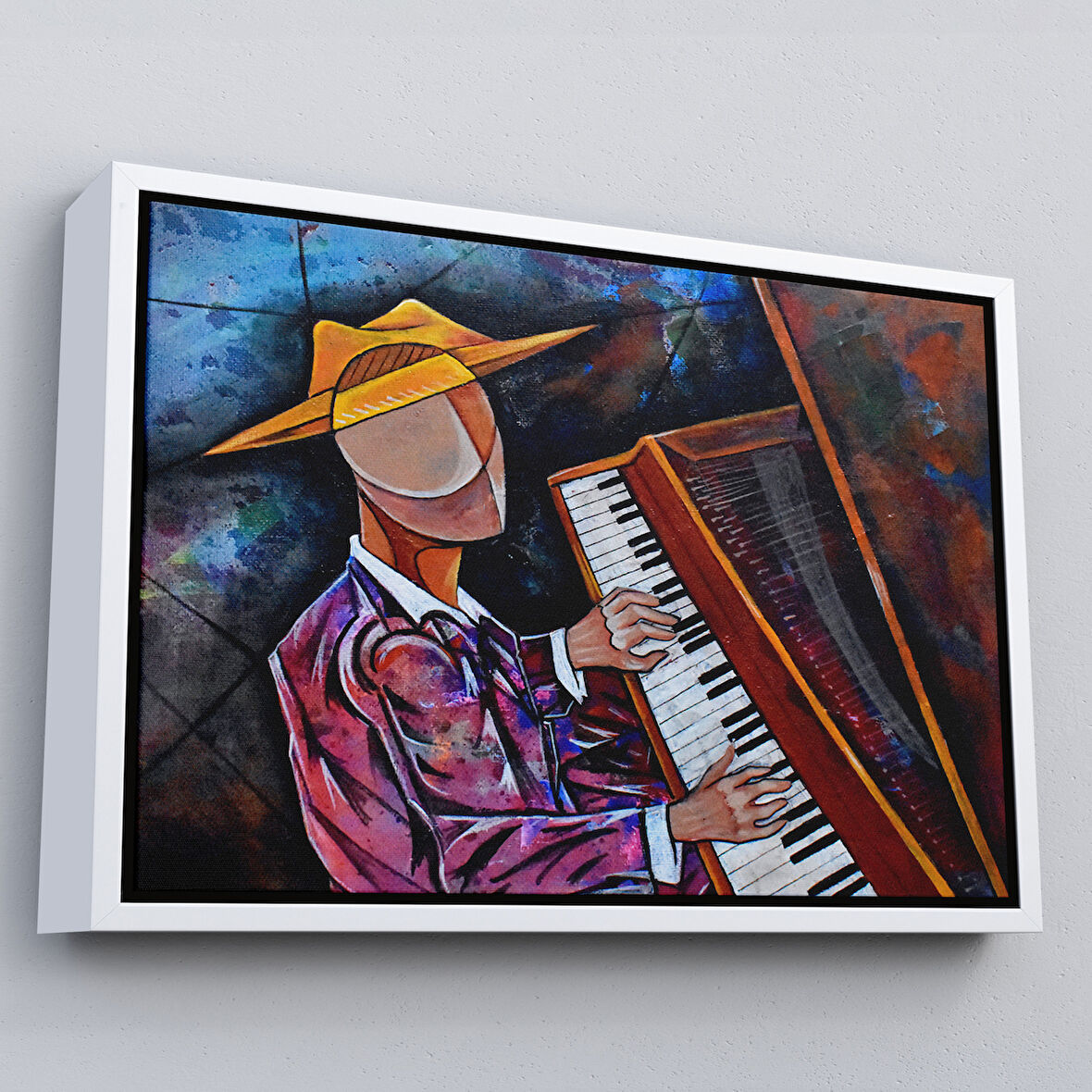 Beyaz Çerçeveli Piyano Çalan Sürreal Adam Duvar Tablosu