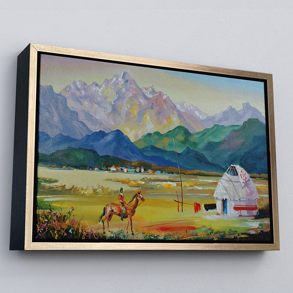 Altın Çerçeveli Kazakistan da Bir Göçebe Çadırı Yağlıboya Görünüm Dekoratif Kanvas Duvar Tablosu