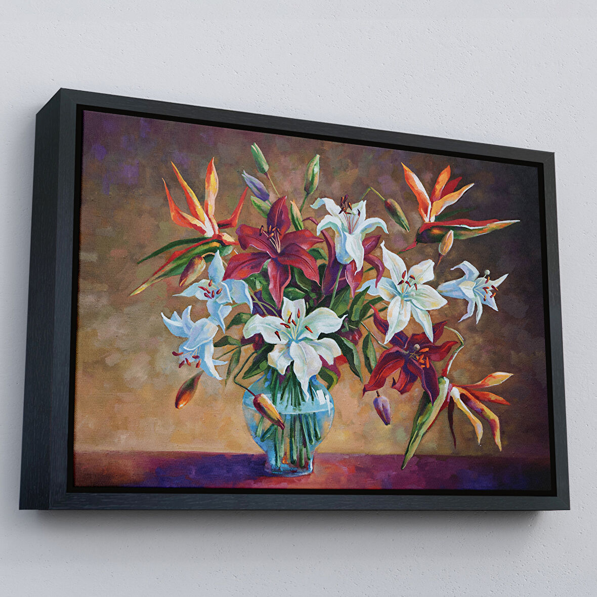 Siyah Çerçeveli Zambak Çiçekleri Yağlıboya Görünüm Dekoratif Kanvas Duvar Tablosu