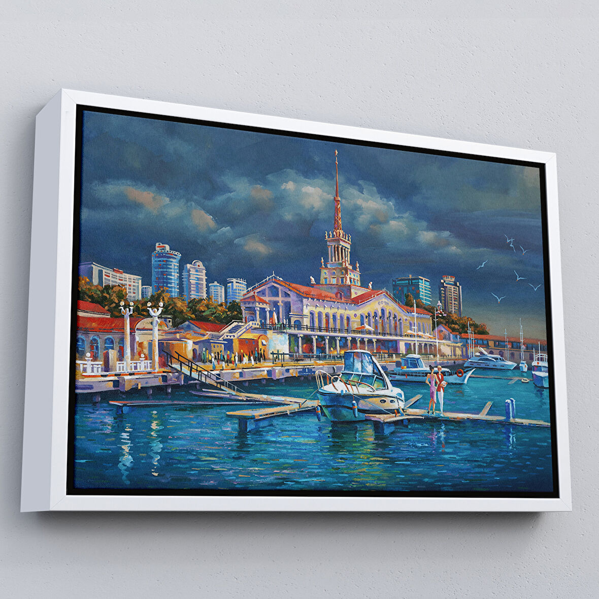 Beyaz Çerçeveli Soçhi Limanı Rusya Yağlıboya Görünüm Dekoratif Kanvas Duvar Tablosu
