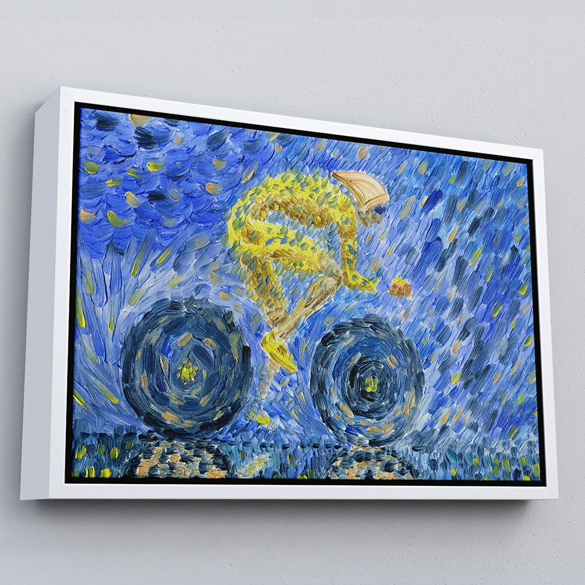 Beyaz Çerçeveli Yağmurda Süren Bisikletçi Yağlıboya Görünüm Dekoratif Kanvas Duvar Tablosu