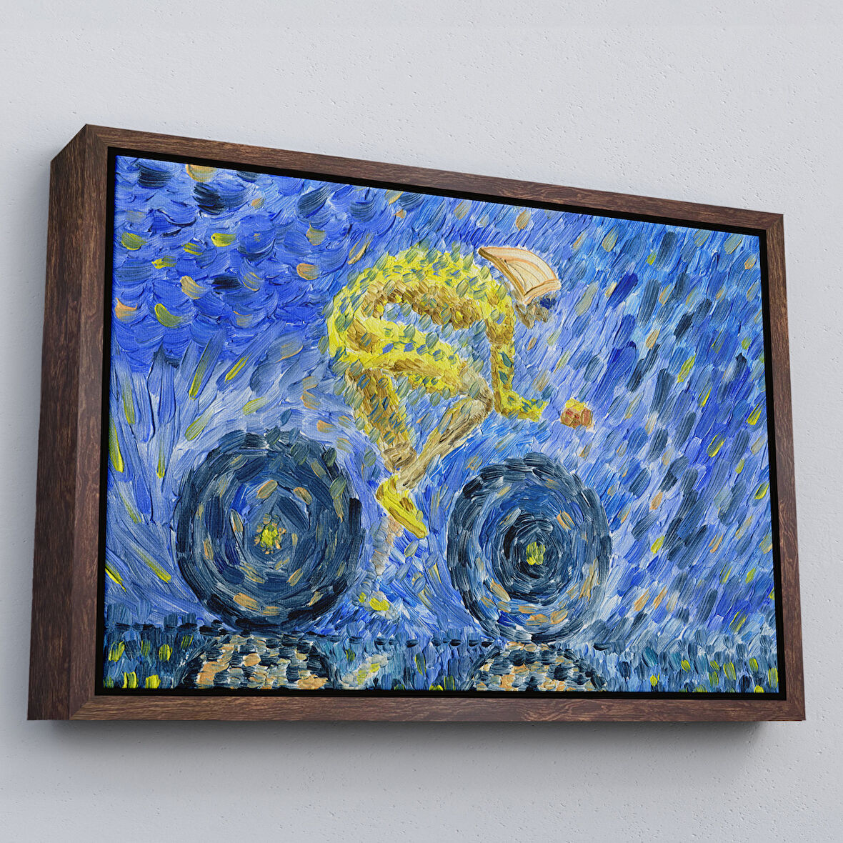 Kahverengi Çerçeveli Yağmurda Süren Bisikletçi Yağlıboya Görünüm Dekoratif Kanvas Duvar Tablosu